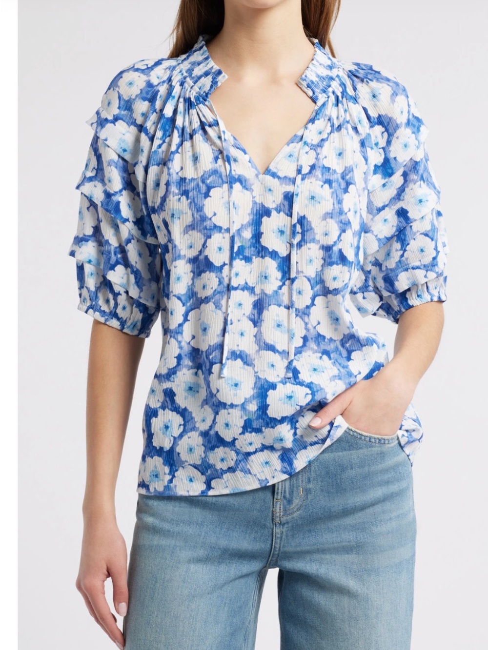 Rails Blue and White Floral Peasant Blouse